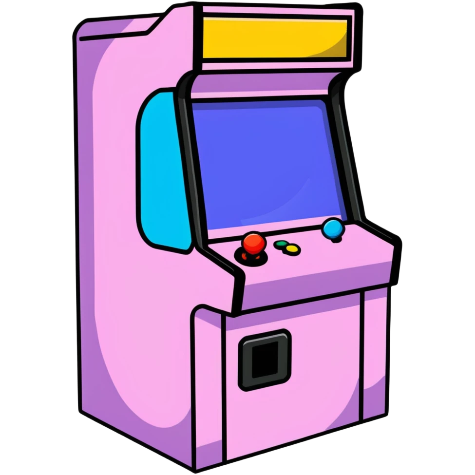 A cute sticker-style arcade cabinet with a smiling face on the screen emoji