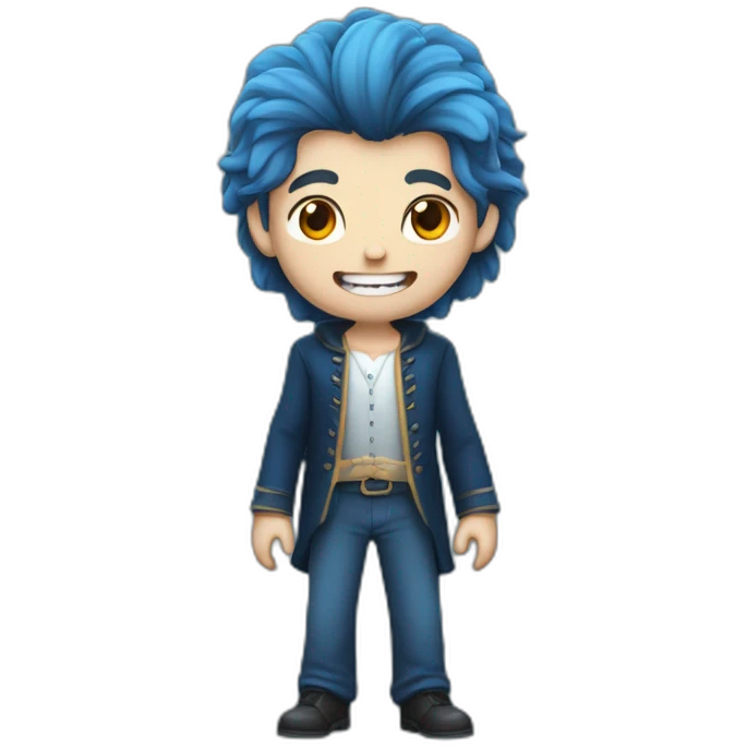 Un garçon qui sourit avec des dent de vampire les cheveux degradé bleu pas de corps emoji