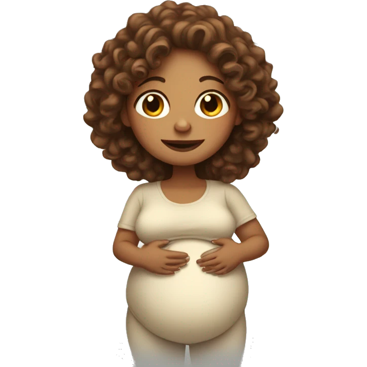 Pregnant white lady with long, brown, curly hair holding her belly emoji
