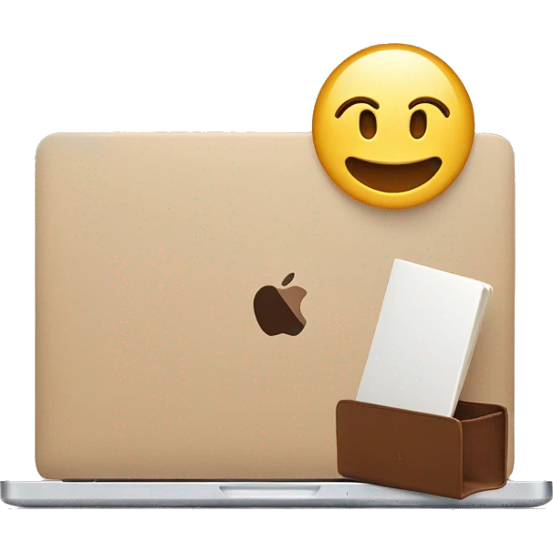 a beige laptop with an iPhone 13 on top and a brown notebook emoji
