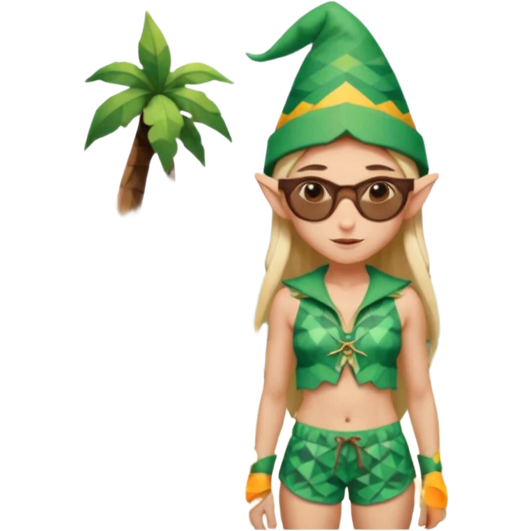 elf female legolas portrait, patterned board shorts (geometric/abstract), unique wooden-framed sunglasses, undercut hairstyle, slight smirk, visible pointy ears, no background, centered emoji, hipster summer vibe coctails with summer hat emoji