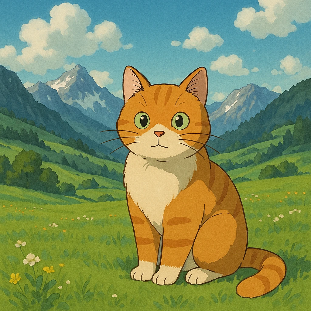 cat in Ghibli style on green Swiss meadows and mountains emoji
