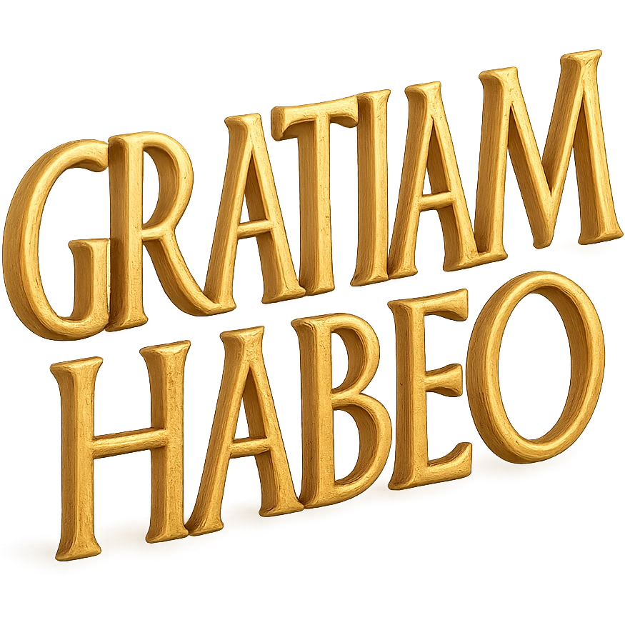 the phrase 'GRATIAM HABEO' in gold, Roman rustic capitals from the first century AD, large text on transparent background, elongated slightly curved letterforms, metallic gold finish, ancient Roman rustic inscription style emoji