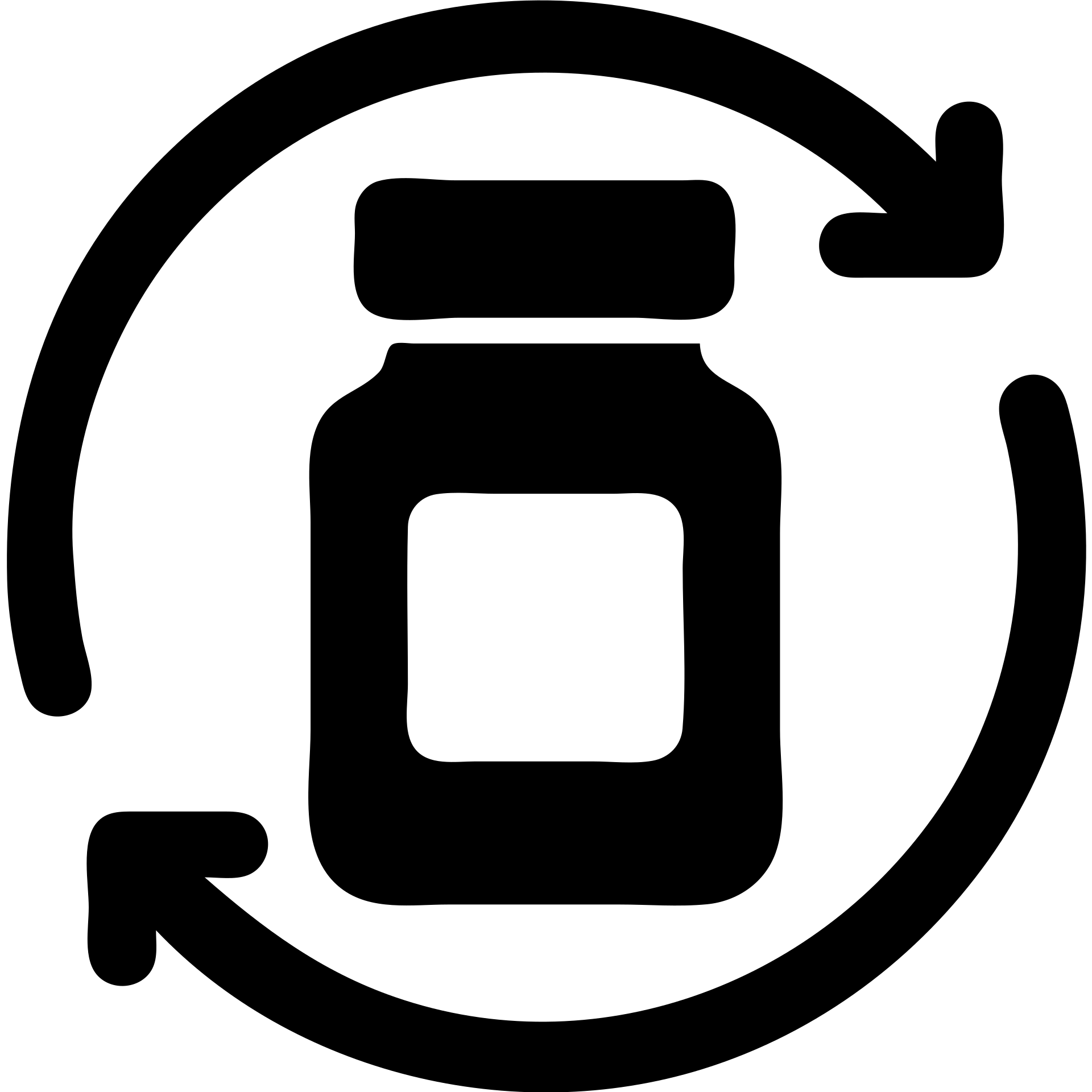 Minimalist icon of a package or supplement bottle with a repeating cycle arrow around it, clean flat design, solid filled style, monochrome, no color, simple and bold shapes. emoji