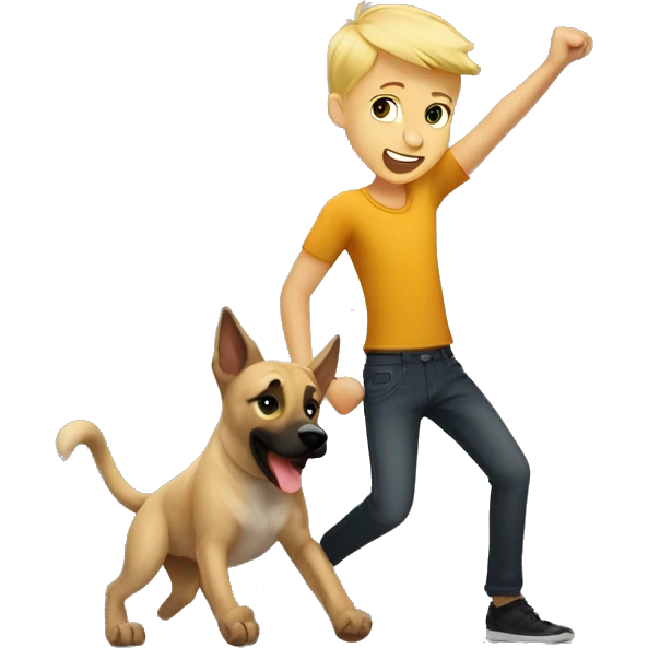 cute blond boy dancing with his malinois dog emoji