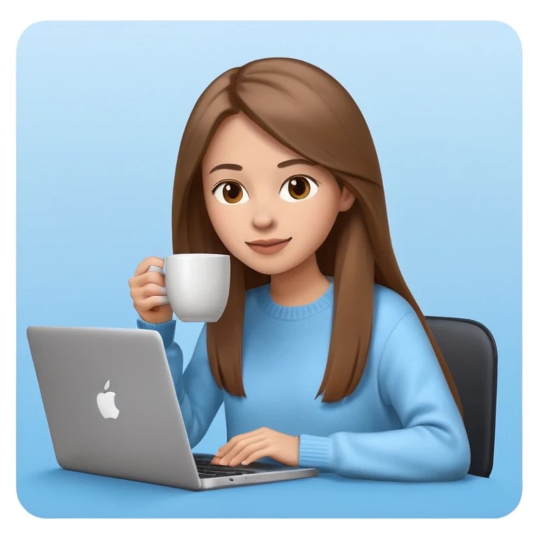 young woman 20 years old, long straight brown hair, wearing a sweater, drinking coffee and working on a laptop, 3D Apple emoji style, light blue background emoji