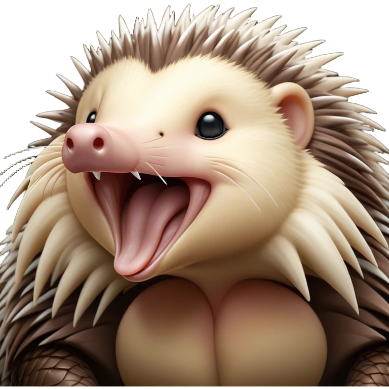 Cinematic Cute Yawning Echidna Portrait Emoji, Head tilted slightly with a dramatic, wide-open yawn, showcasing a soft, downy spiky fur with a slightly drooping snout and small, drowsy eyes, Simplified yet irresistibly adorable features, highly detailed, glowing with a soft, cozy glow, high shine, relaxed yet expressive, stylized with a touch of prickly whimsy, bright and endearing, soft glowing outline, capturing the essence of a sleepy yet affectionate echidna, so drowsy it feels like it could curl up out of the screen for a nap! emoji