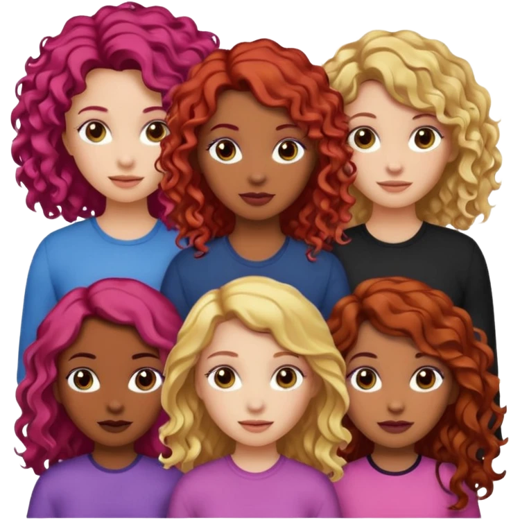 5 girlsone curly redhead, one with brunette dyed blonde hair, one long haired wavy brunette, one mid-length haired brunette, and one black haired girl with partially dyed bright red/pink hair emoji