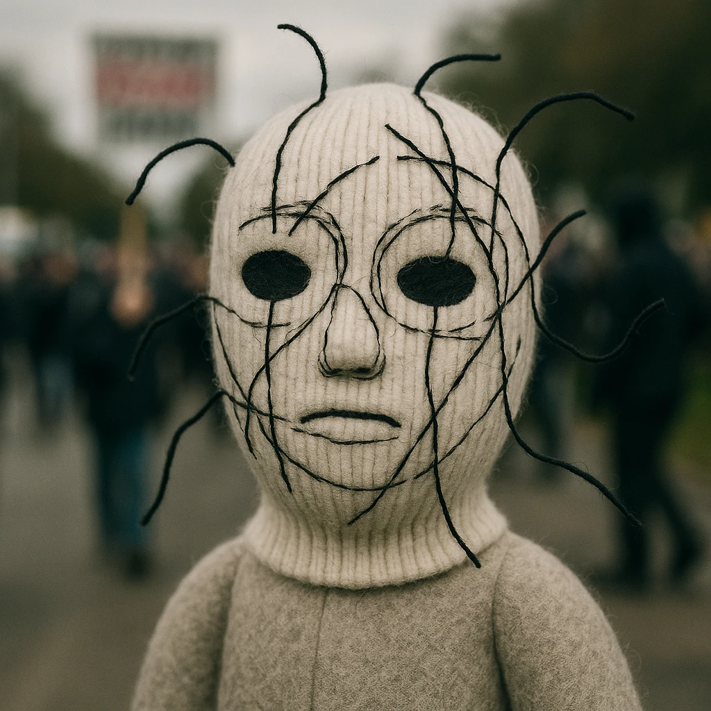 The mask is a full-head, white knitted balaclava with a tight ribbed texture. It features two asymmetrical eye openings and a partially exposed mouth area. Black thread is stitched across the surface in chaotic, abstract lines that trace facial features, giving a hand-drawn effect. Several black cords extend outward from the mask, varying in length and direction, adding a sculptural, almost organic appearance. The overall look is bold, handcrafted, and visually striking. emoji