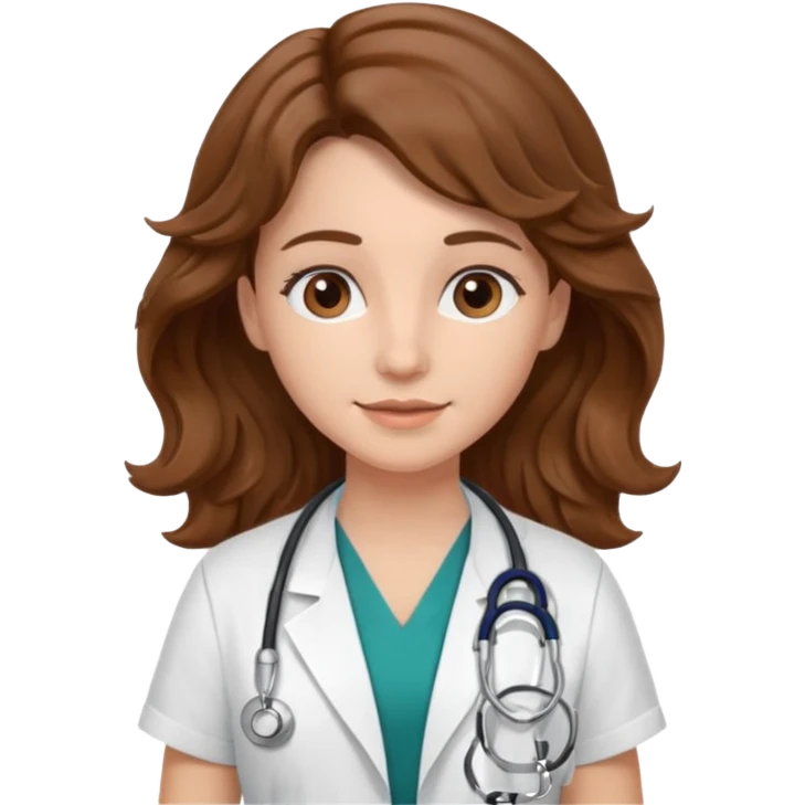 médica, cabelo castanho, pele branca, cabelo ondulado emoji