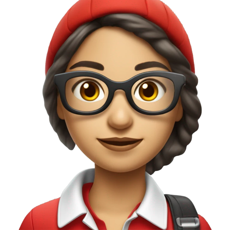 Chica morena, con gafas de aviador, con un polo rojo y un indicador con el logo de Vodafone  emoji