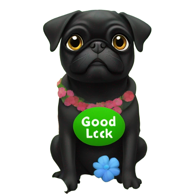 Black pug , sitting in flowers, holding a green sign that says “good luck”  emoji