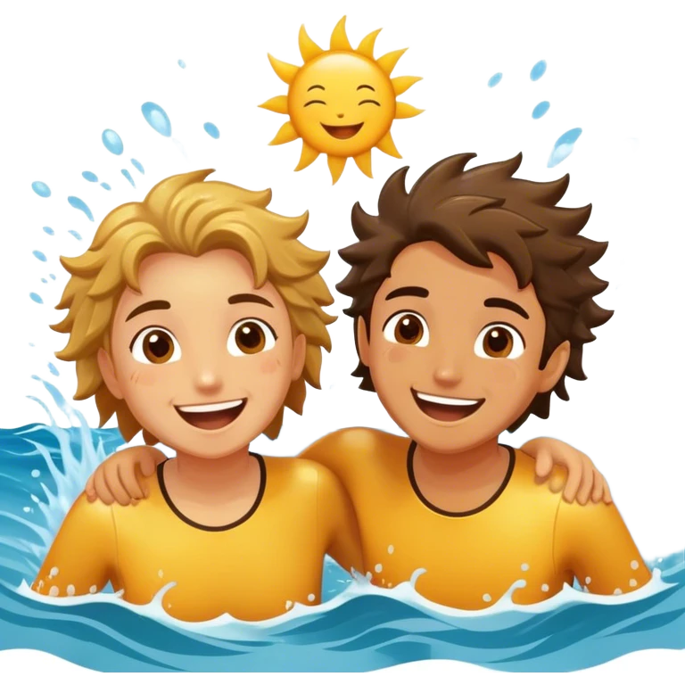 Two friends, as explorers, splash each other in the ocean, laughing as their eyes lock in pure joy and appreciation. The sun glistens on the water, highlighting their deep connection and the simple happiness of the moment.  emoji