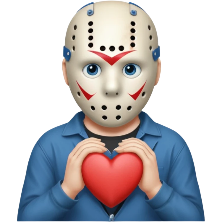 a cartoon image of Jason Voorhees, looking cute, with his hands clasped in front of him, at a sideways angle, looks like he is in love emoji