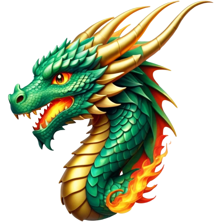 cinematic-noble-dragon-portrait-emoji,-poised-and-majestic,-with-a-sinuous, breathing raging fire breath, -elongated-body-covered-in-intricately-detailed,-shimmering-scales-in-hues-of-emerald-and-gold,-and-piercing,-fiery-eyes-that-reflect-ancient-wisdom; Breathing fire emoji