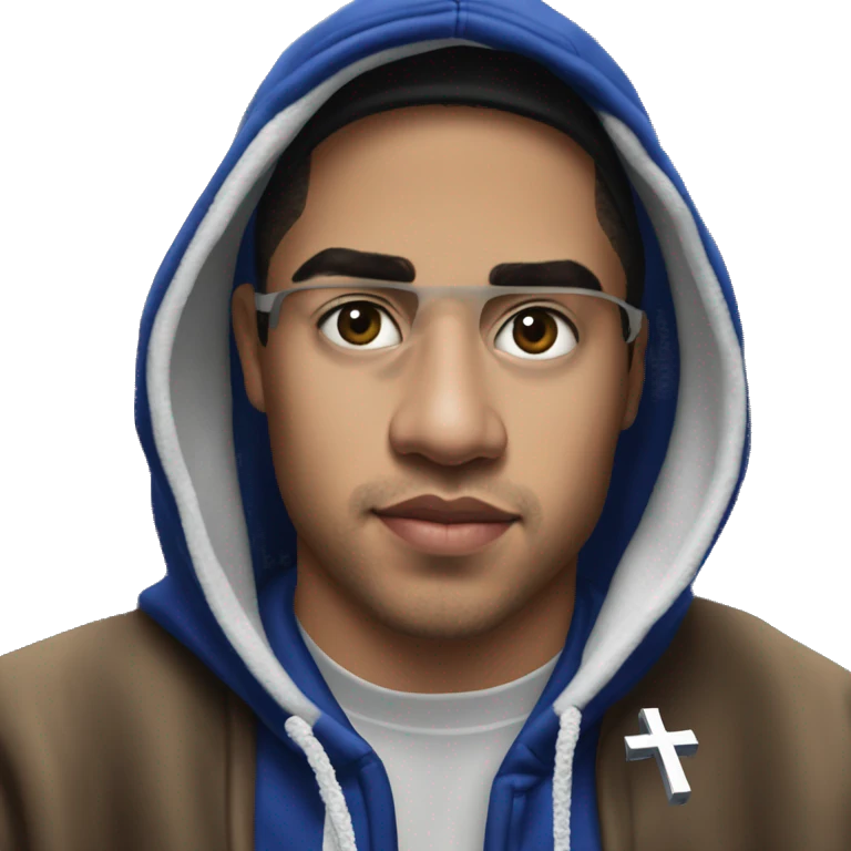 My friend Adrian Banuelos, Wearing a custom hat, LA Dodgers, with a chrome Cross pin on the side. Wearing a black hoodie emoji