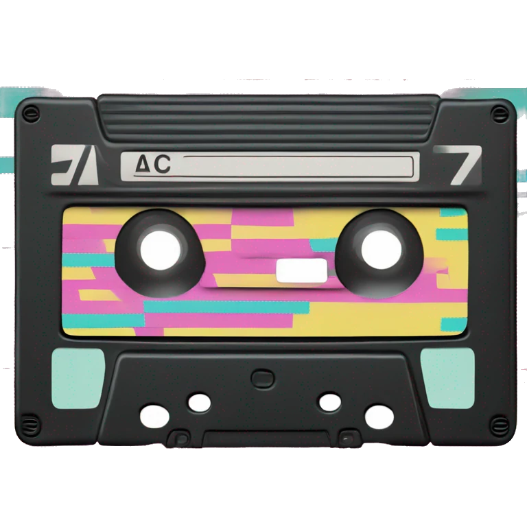 A VHS cassette in black with a retro label featuring pink, teal, and yellow diagonal stripes. Add a handwritten "Home Movies" label and a glowing grid background.   emoji