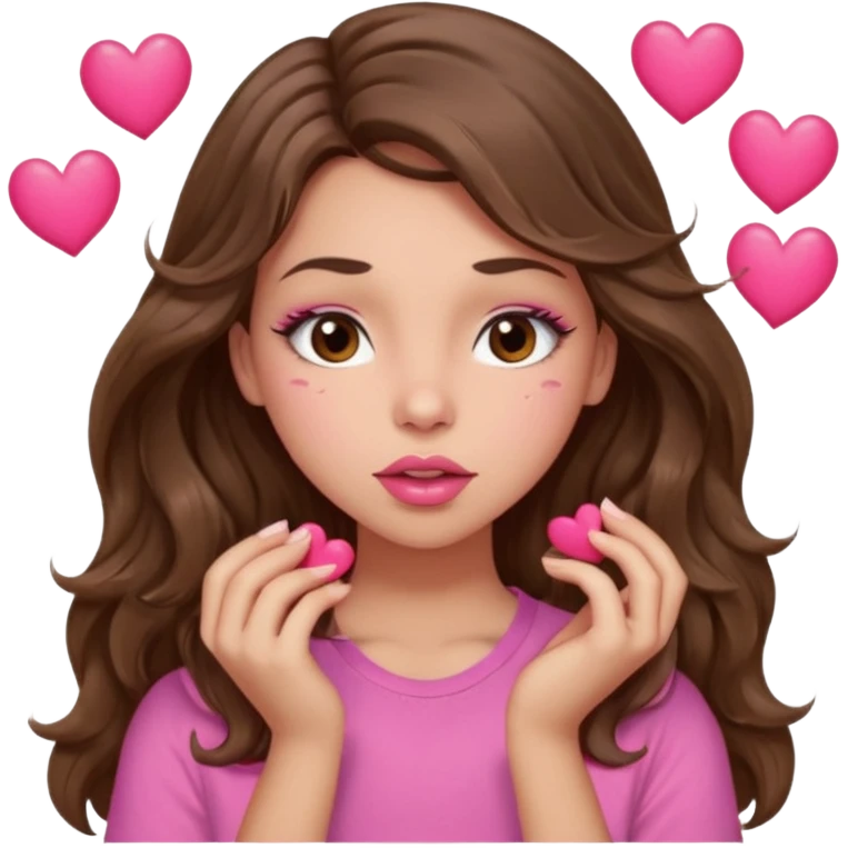 girl with long wavy brown hair, brown eyes, light to medium complexion, in a pink shirt, pink lips, long lashes, puckering lips kissing, blushing with hearts emoji