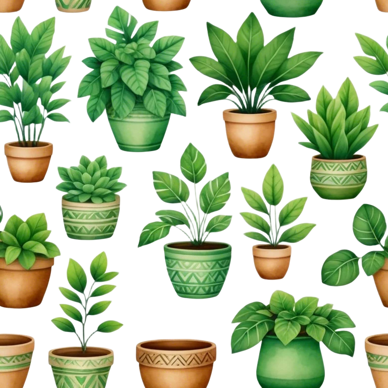A stylized collection of leafy green plants in boho-inspired pots, arranged artistically in a watercolor painting. emoji