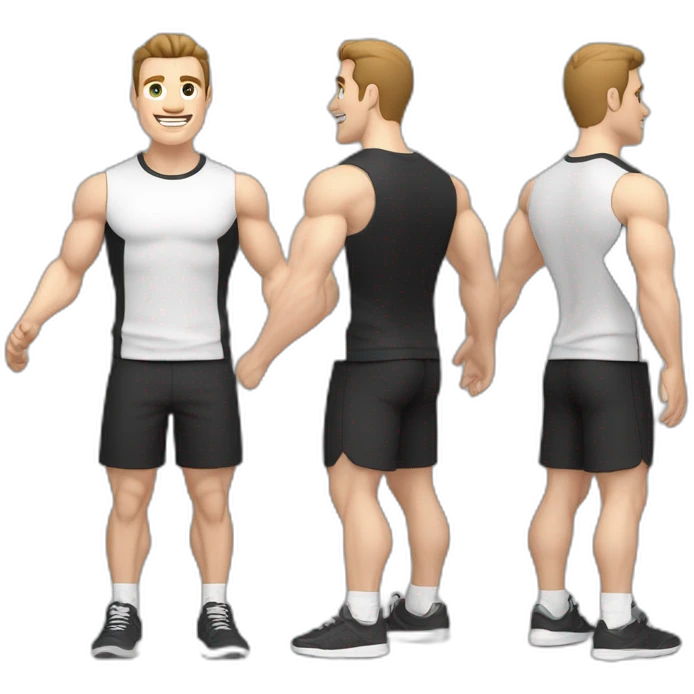 Joyful Pale skinned Fit Man With the biceps and dark brown hair in black shirt, gray sports shorts and white Sneakers emoji