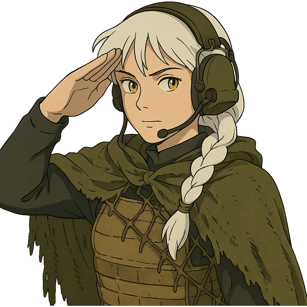 1 female, mid 20's, white hair in a long braid, gold yellow eyes, adorned in a black long sleeve shirt, tan body armor and a worn olive-green cloak with netting holding it together. She wears a COMTAC headset. is giving a stealthy salute emoji