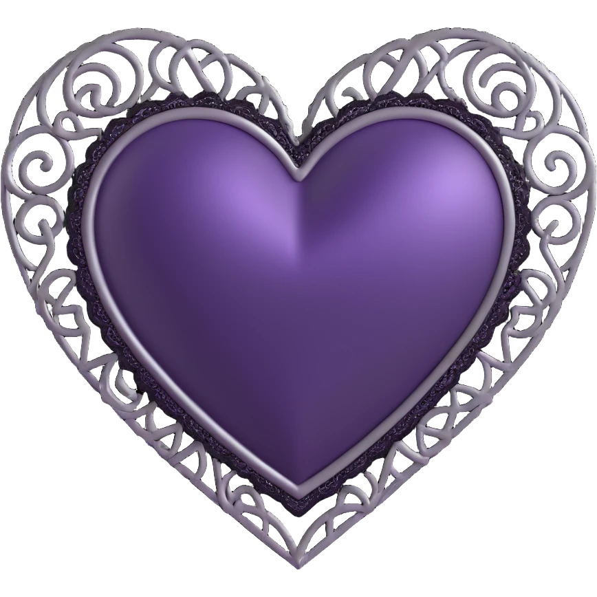 3D emoji gothic heart, deep purple satin, ornate silver filigree, black lace trim emoji