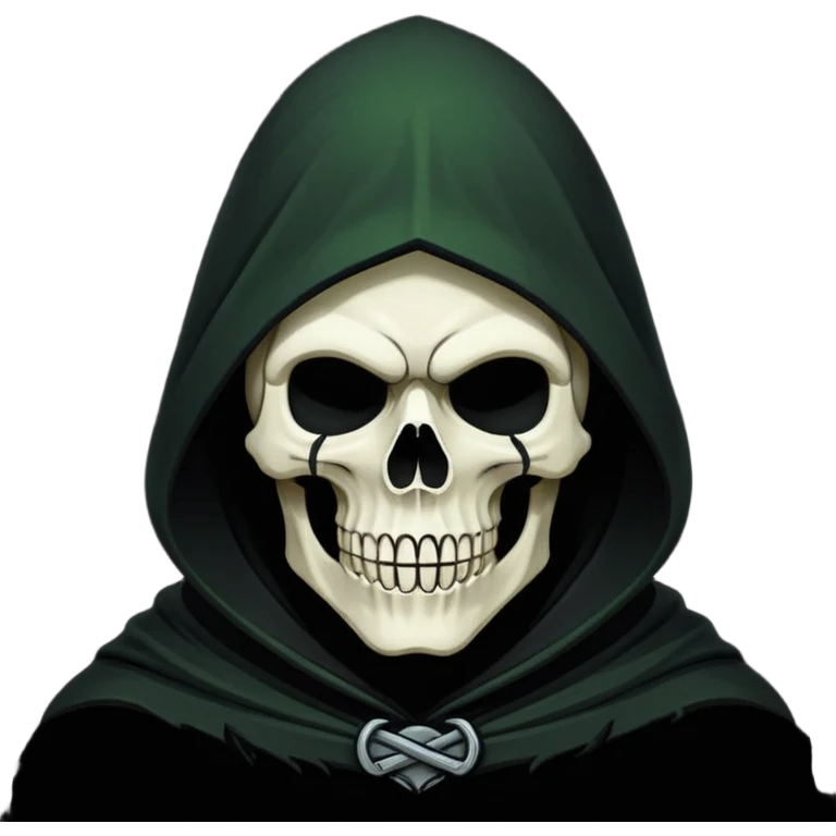 Icon of the Grim Reaper's face. His skull is stylized, his hood is tattered. He is [например: winking with a sly grin]. Clean, flat vector art, high contrast. Stylized as a modern logo or a medieval woodcut. Strictly black and white with one accent color like dark moss green or deep crimson.  emoji