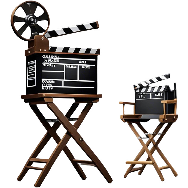 Icon for Directing: a director's chair, a film clapperboard, large movie camera and a stage with a spotlight. The icon should represent the creative and organizational aspects of directing, with focus on storytelling, staging, and performance. Transparent background. emoji
