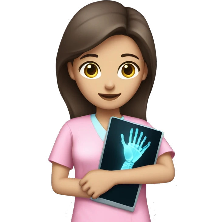 Brunette girl in pink scrubs holding an arm X-ray  emoji