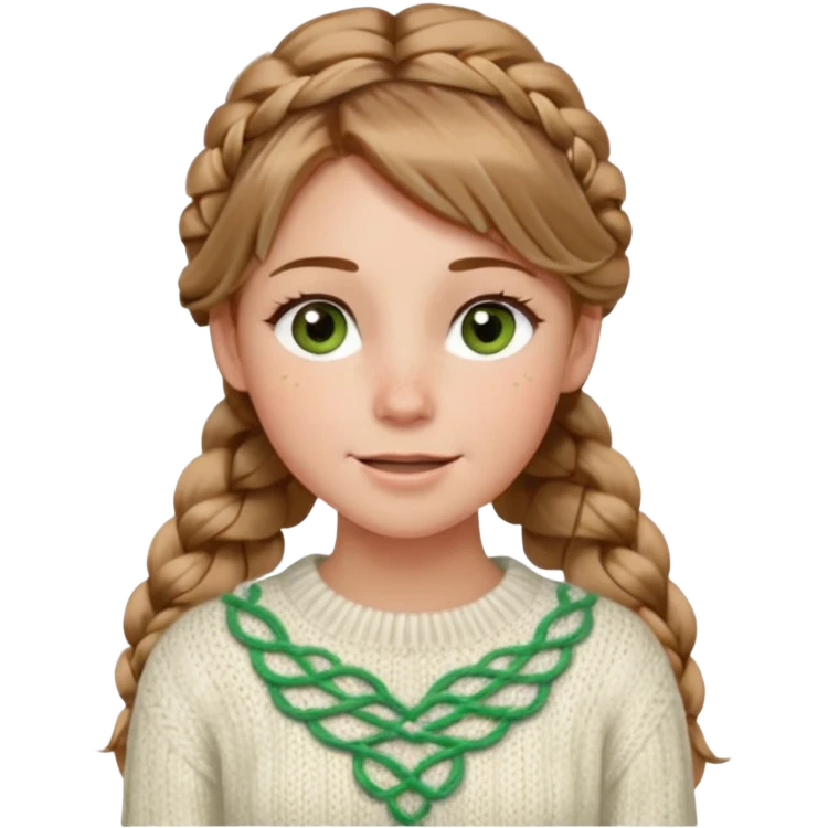 light brown hair blonde hair hazel/green eyes woman with a white cable knit sweater and one braid down her back  with tendrils of hair flowing down her face and she is happy pale, some freckles, blush. she has a cateye wing and long lashes emoji