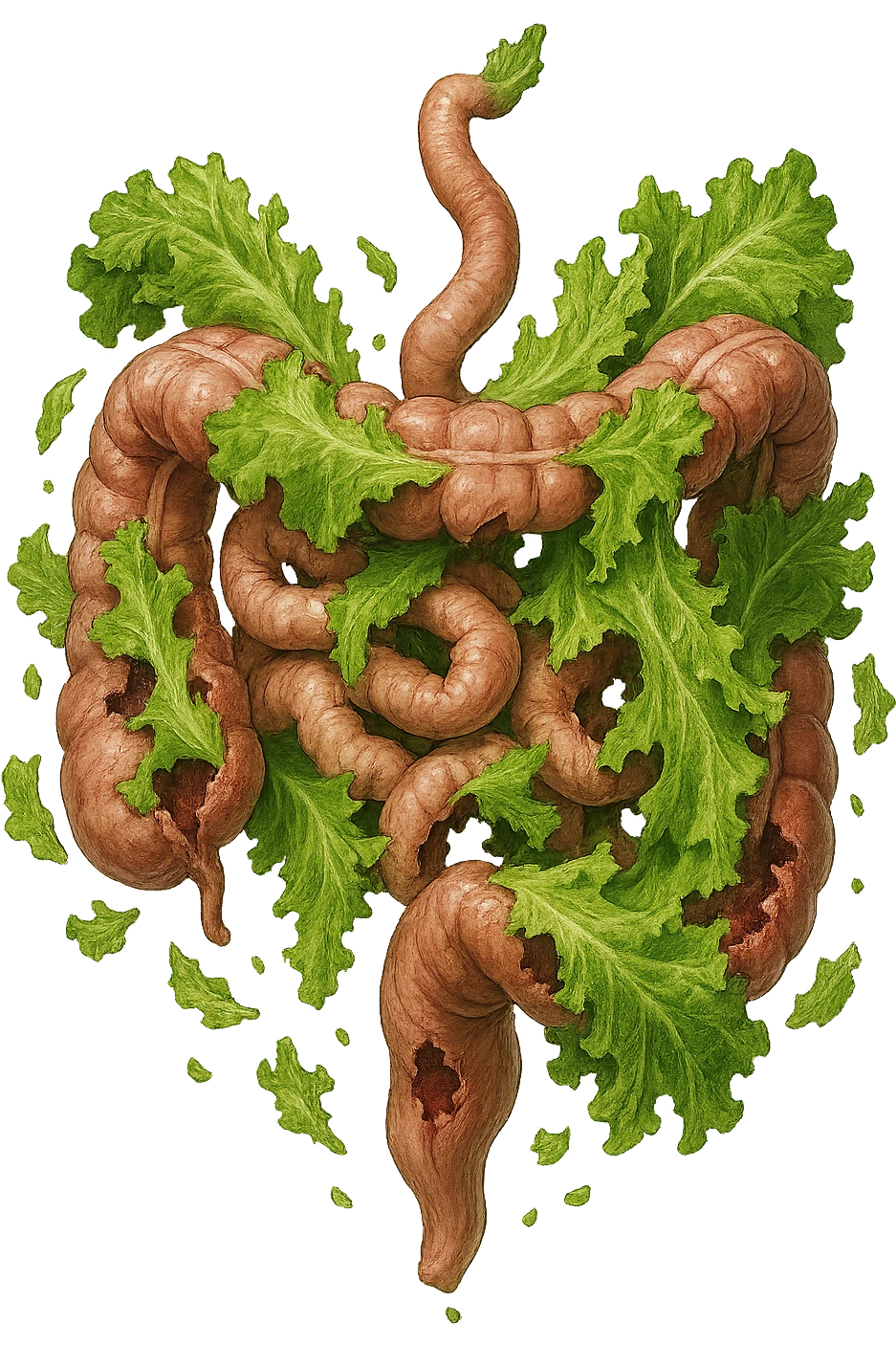 foglie di insalata che attaccano un intestino anatomico umano per distruggerlo emoji