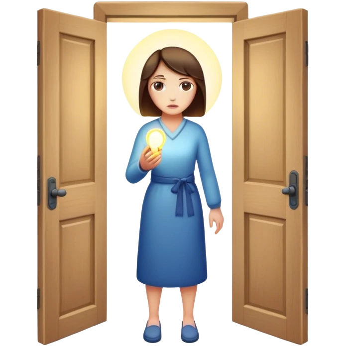 woman standing --behind her, multiple closed doors symbolizing rejection, but one door ahead is glowing, representing the path forward. In her hand, she holds a small bright light, symbolizing her knowing—her guide. emoji