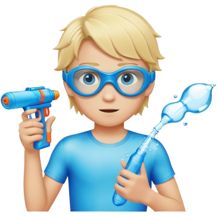 Blond 18 year old boy, with blue eyes, wearing swim goggles, normal clothes, holding a water gun emoji