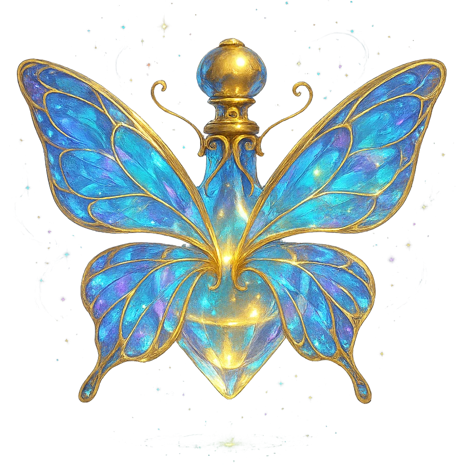 elegant crystal butterfly-shaped bottle with golden details, floating in the air with no base or shadow, seamless bottom, vibrant fantasy style design, glowing and magical effects around, transparent background emoji