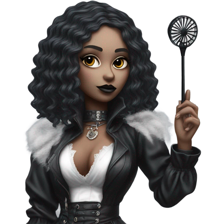 Hyper Realistic Goth victoria secret model holding a Goth style handheld fan emoji