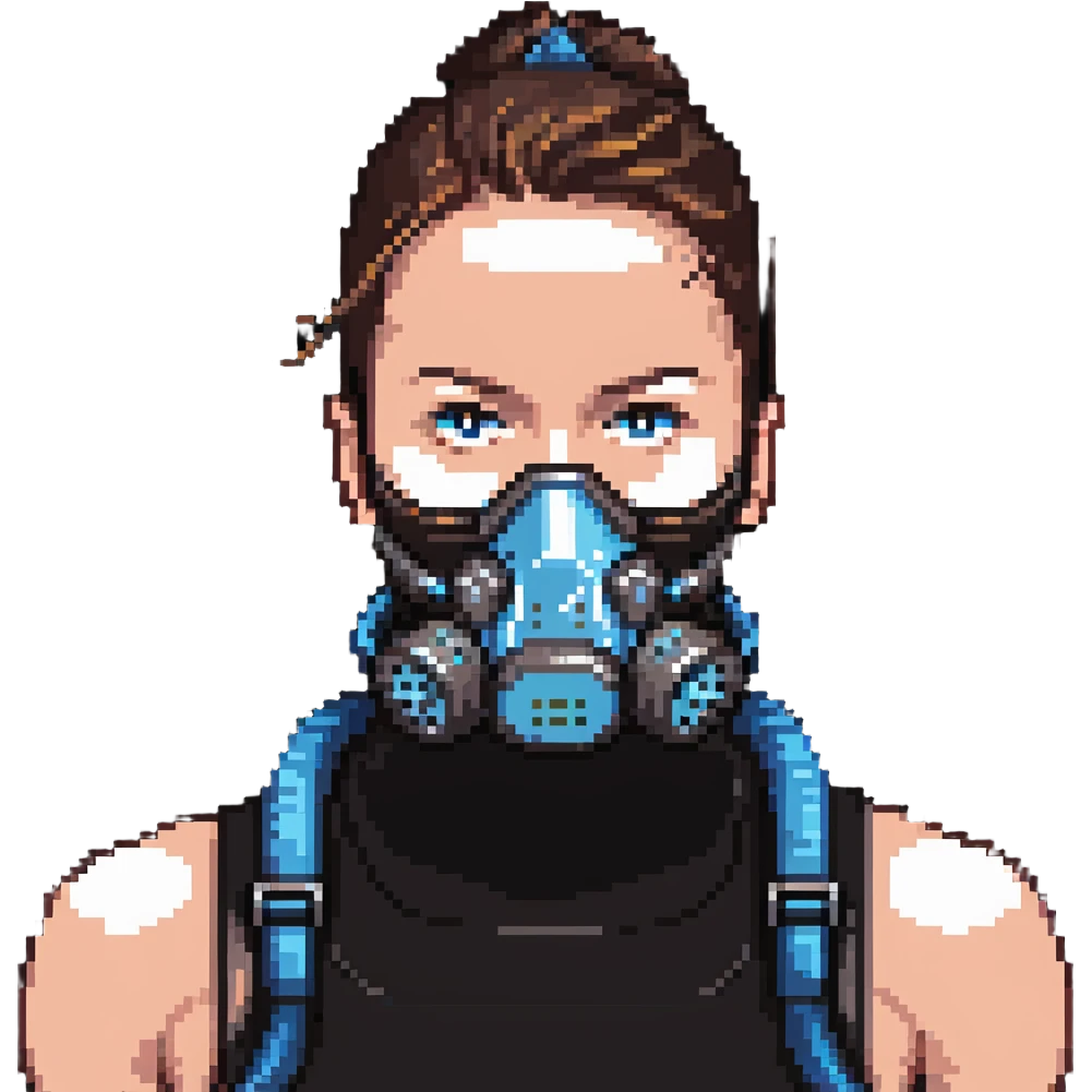 Pixelated athlete with VO2 max face mask and breathing apparatus, fitness lab testing emoji