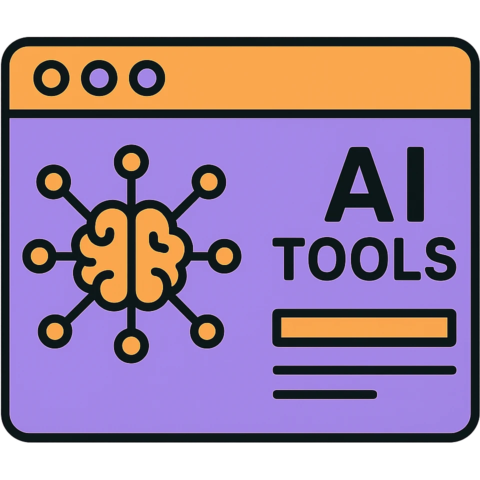 Modern icon for a website showcasing artificial intelligence tools, minimal, geometric, tech-inspired, in the style of a color outline icon, using a vibrant orange and purple color scheme, with no background. emoji