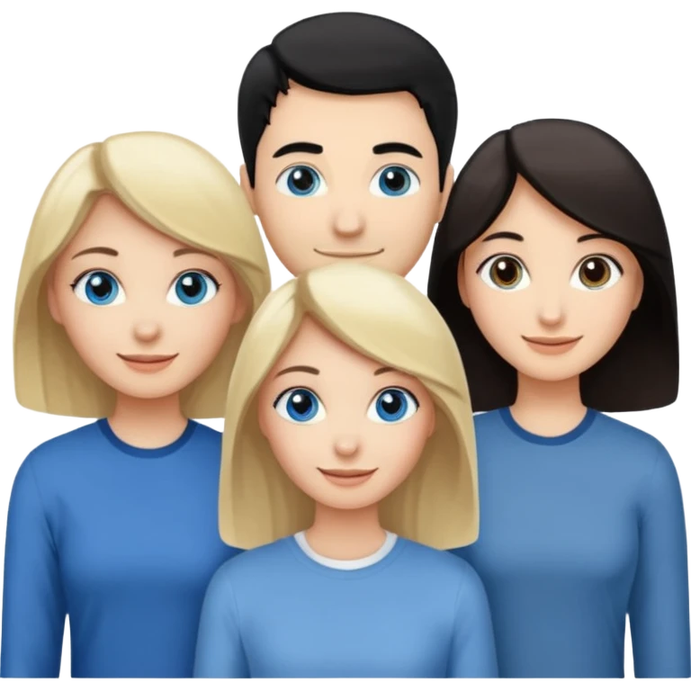 Blond woman with blue eyes on left. And a Man with black hair and grey eyecolor in the middle. And a blank woman with brown hair and grey eyes on the right. Happy together emoji