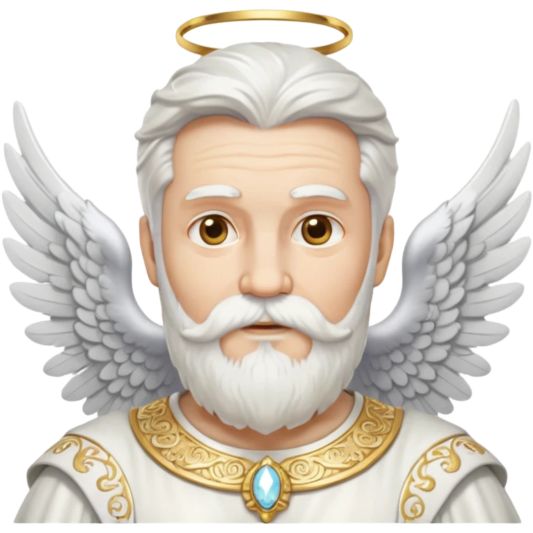 Ancient god with white angel wings spread wide, silver-white hair, beard and mustache, ornate gold earrings dangling from both ears emoji