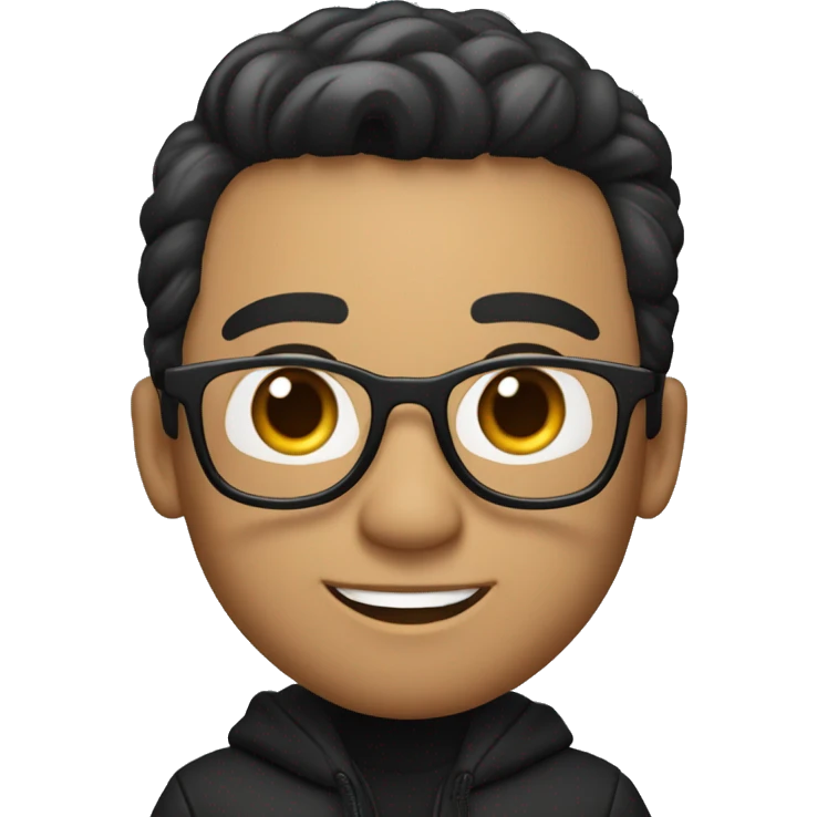 memoji of a man with a laptop in front, apple-style, fair white skintone, black jacket or hoodie,modern,wearing spectacles,black hair,black sweater,computer in hand,sitting on his desk emoji