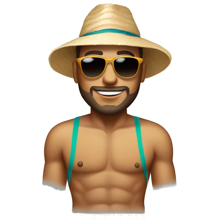 Man wearing sunglasses and beach hat and a swimsuit emoji