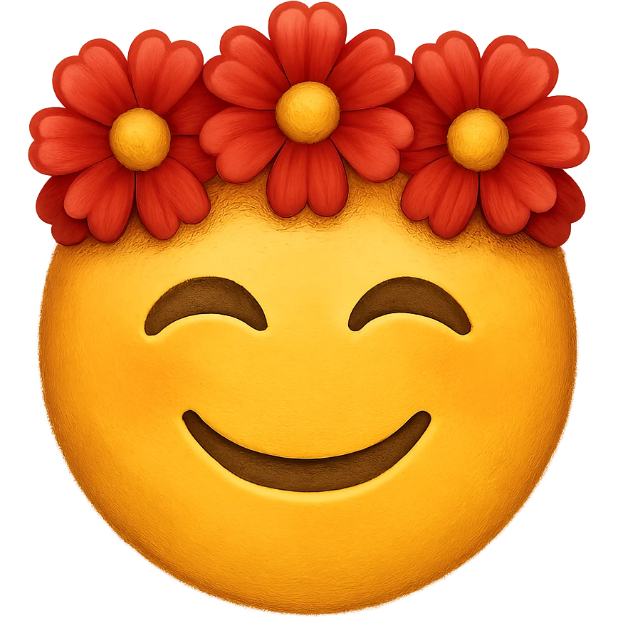 yellow face with red flower crown emoji, digital illustration, remove background emoji