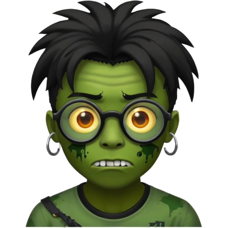 Emoji de zombi com óculos e cabelo preto emo sem pontas e óculos transparentes emoji