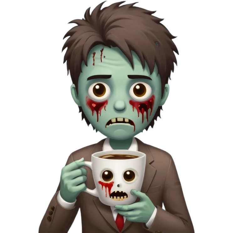 A cute but exhausted office worker character looking like a zombie, holding a giant cup of coffee, dark circles under eyes, messy hair, flat 2D vector art, white background, "Monday Vibes" text. cute emoji