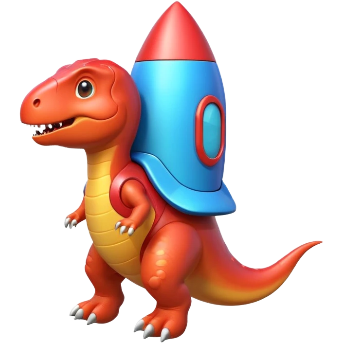 cute toy-like rocket-propelled dinosaur, rounded shapes, glossy texture, colorful rocket backpack, happy expression, 3D cartoon, mobile game icon style, clean background, no text, no watermark
 emoji