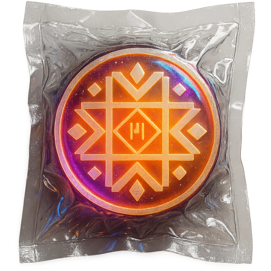 Can you please render an image of a digital artwork with a dreamy, cosmic aesthetic. Make it glowing small circle logo that’s accurately like the one attached in the image and that radiates warm colors—yellow, orange, and magenta. Make the image 3D and look more like an artistic glassmorphism type. Make the image look HD and quality  emoji