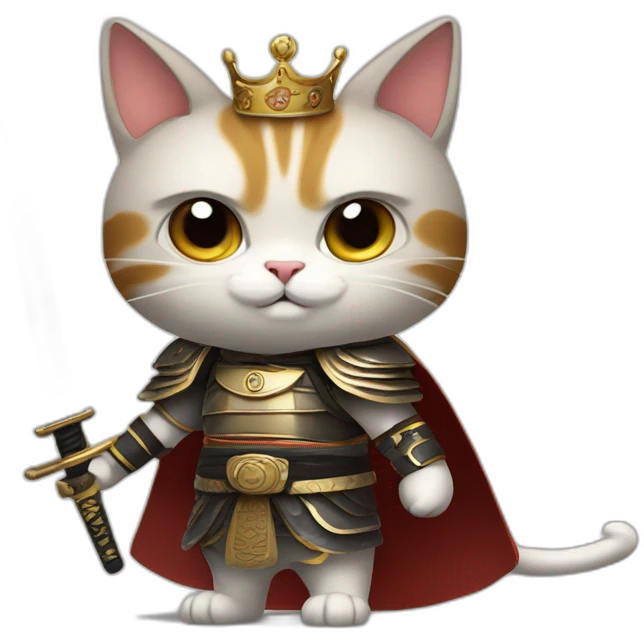 cat with bad face and big wings and holding a samurai sword and dressed like a king and fly emoji