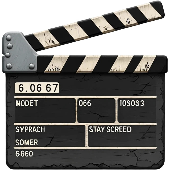 Minimalist emoji-style sticker of a cracked movie clapperboard with the date “06/06/66”, faint scorched marks, all in grayscale


 emoji