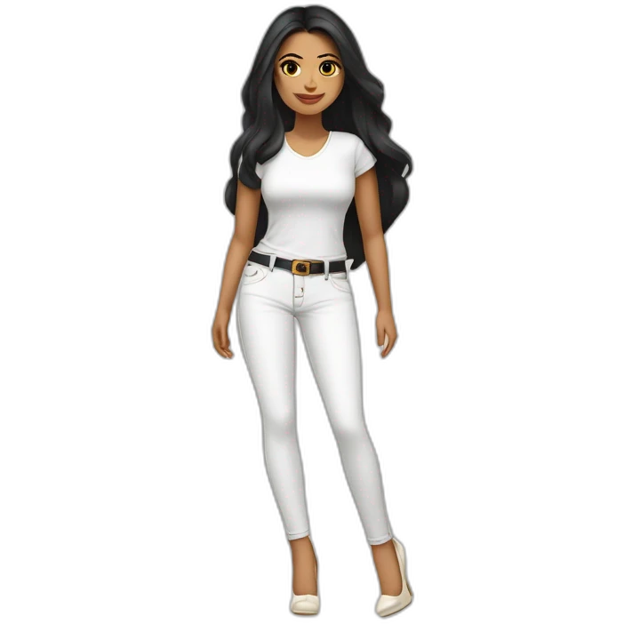 Brazilian Woman with small lips black eyes long black hair dressing white jeans with Tshirt in cream high heels her face emoji