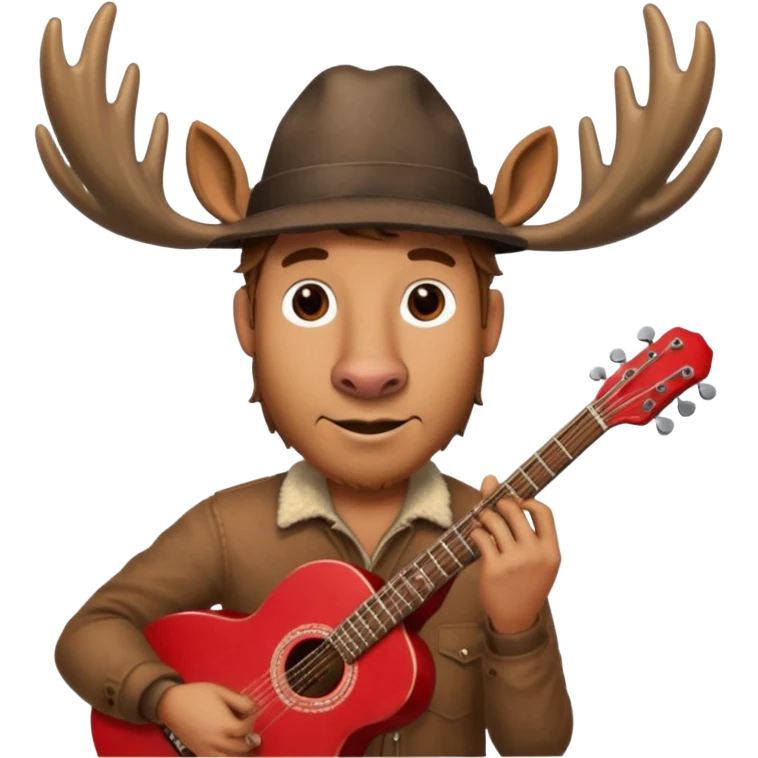 A man with a moose head in alaska pointing a red guitar directly up in the air. Make the graphics gritty and realistic like the moose man is a villian in a high budget batman movie. It needs to be 100 times more dark themed and realistic. Like your batman characters  emoji